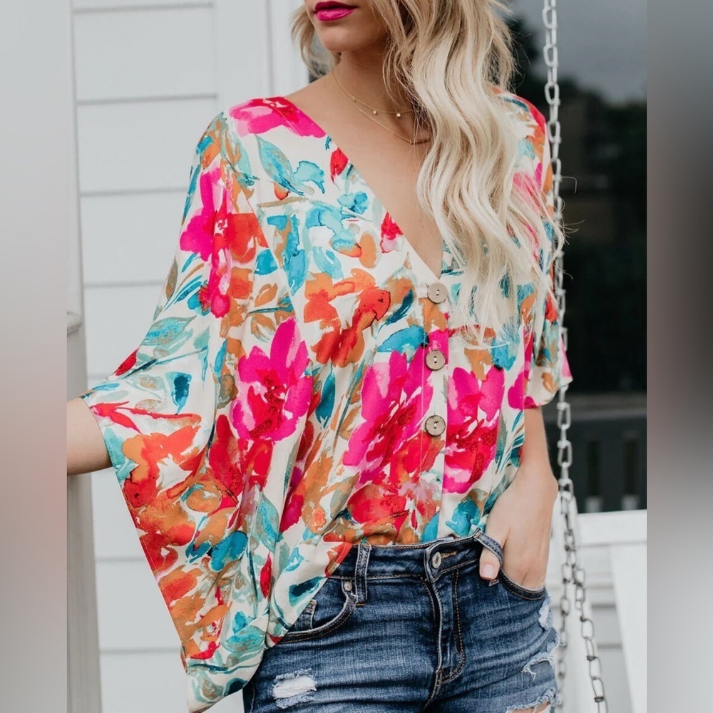 Vici Floral Button-Front V-Neck Top in Fuchsia, Coral & Teal